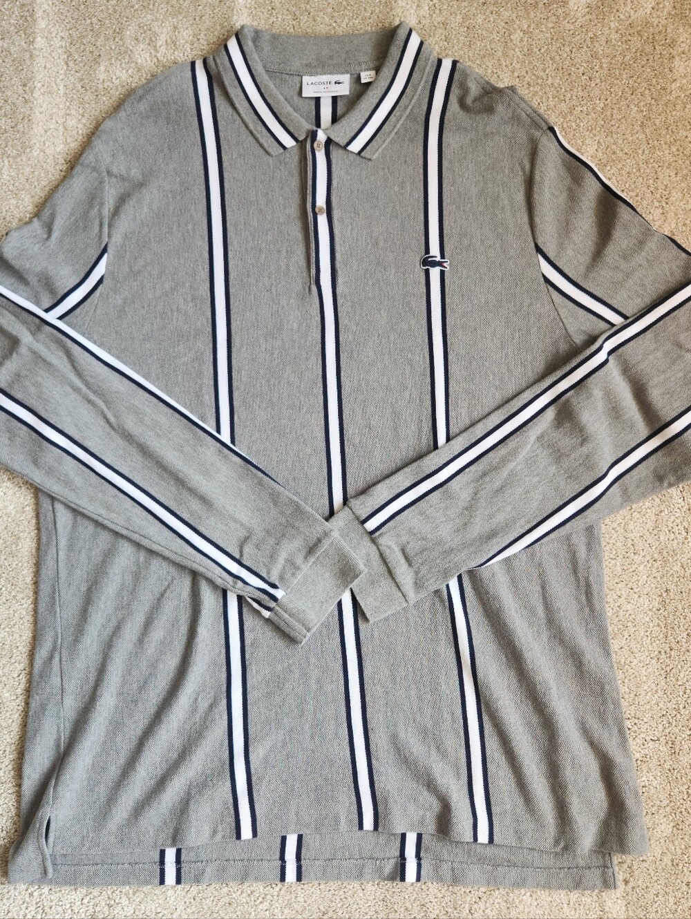 Vtg Lacoste Mens Long Sleeve Polo Shirt Grey Stripe Made in France XXXL